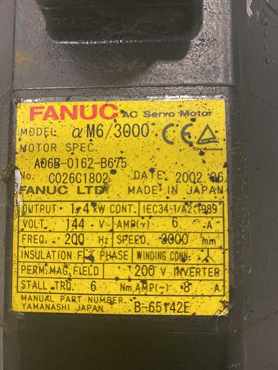 FANUC A06B-0162-B675 AC SERVO MOTOR, 3000 RPM, 1.4 KW, 6A, 144V, ALPHA M6/3000 SERIES - SERVO MOTORS